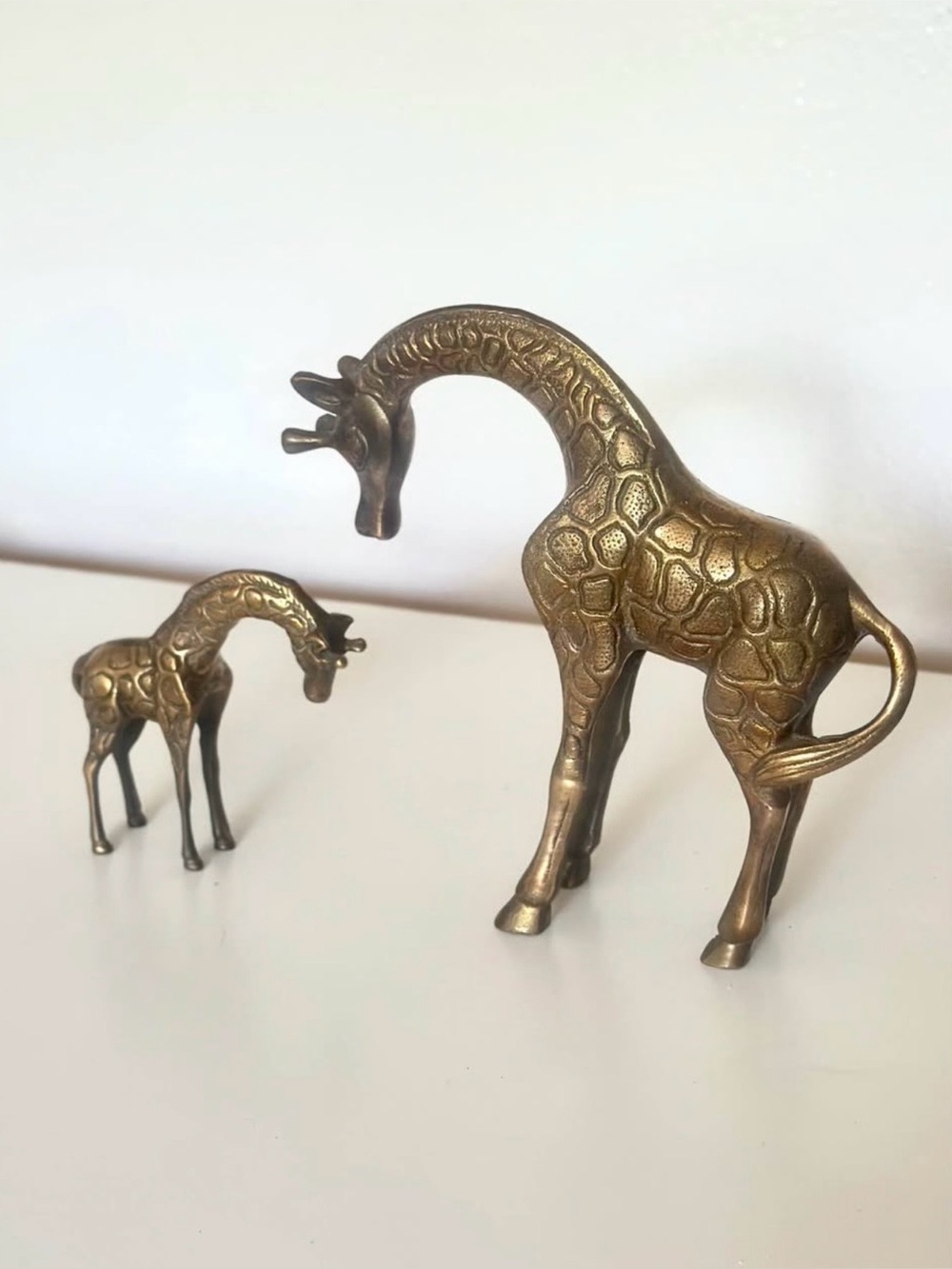 Vintage MCM Brass Giraffe Figurines Set of 2 Mother & Baby Bowing Head Statues